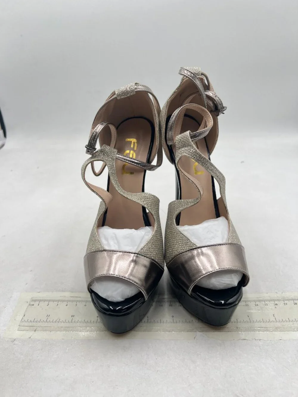 FSJ Champagne Peep Toe Stiletto Heel Sparkly Ankle Strap Platform Sandals